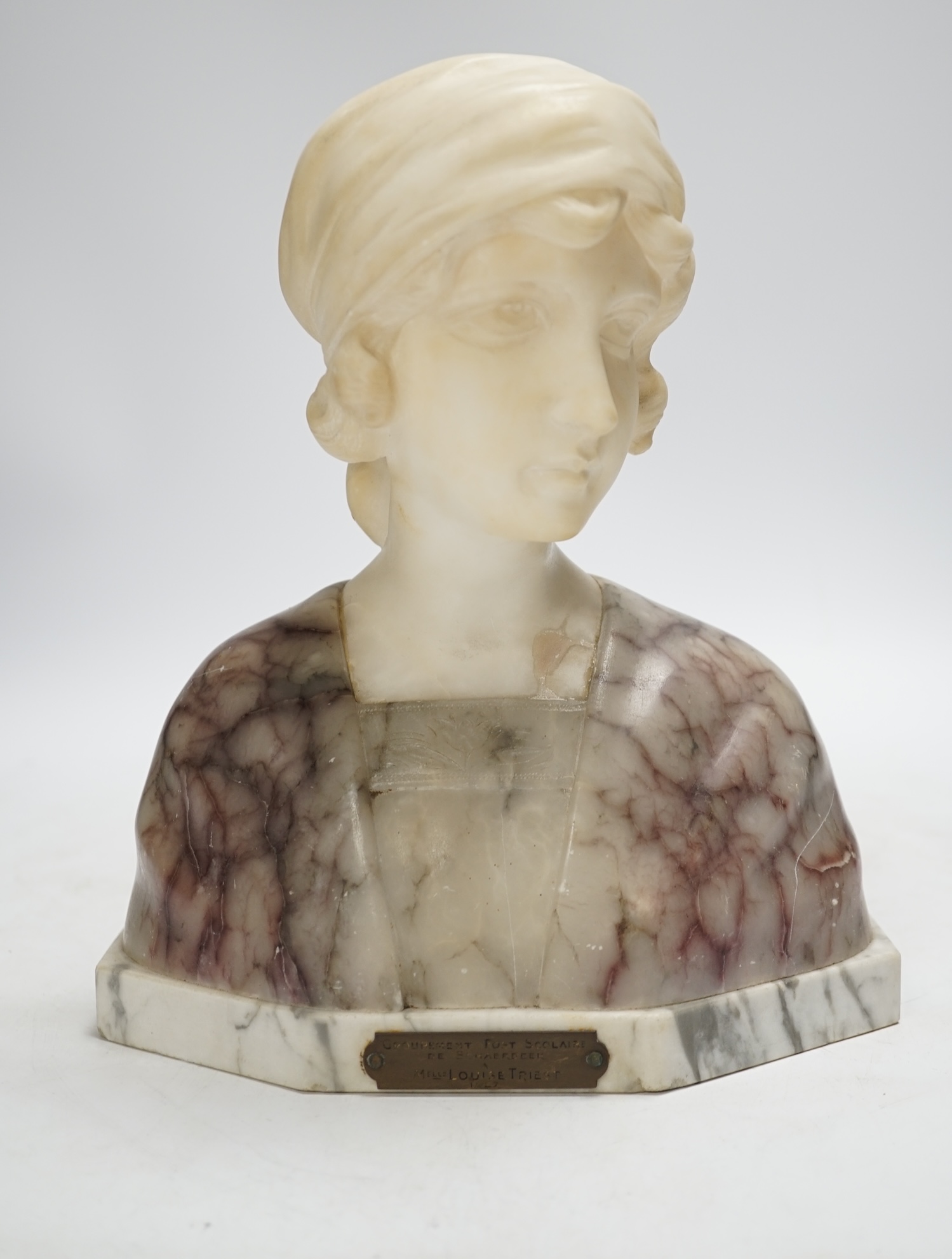 Gustave Van Vaerenbergh (1873-1927), an alabaster bust of a lady, applied plaque, signed to the reverse, 26cm high